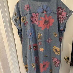 She + Sky Denim Dress with Floral Accents